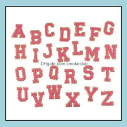 Rose Red Letters With Gold Glitter Chenille Fabric Patches Towel Embroidery Rainbow Gritt Alphabet Iron On Sticker Name Clothing Diy Lovely