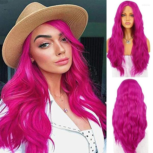 Frente de encaje sintético de onda de cuerpo largo rojo rosa para mujeres Violeta púrpura ondulado con cabello de fibra de calor de parte media