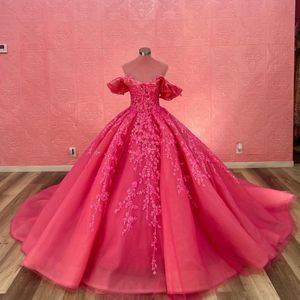 Robe De Quinceanera en dentelle scintillante, rouge Rose, épaules dénudées, en tulle, robe De bal, princesse, 16 ans, 2024