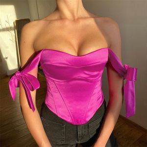 Rose Rouge Satin Mode Tie Up Strap Sexy Dos Nu Crop Tops pour Femmes Sans Manches Club Party Désossé Corset Tube Top Élégant 220325