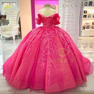 Rose rouge paillettes princesse Quinceanera robe robe de bal col en v épaules dénudées 15th robe de soirée Appliques dentelle douce 16 robe