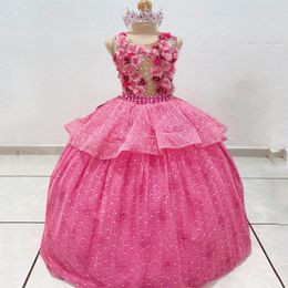 Rose rouge brillant fleur filles robe o-cou princesse robe de bal appliques cristaux perles 3DFlower vestidos para ninas