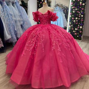 Rose rouge brillant Quinceanera robes 2024 Appliques dentelle perles robes de bal Tulle princesse douce 16 robe à lacets vestidos de 15