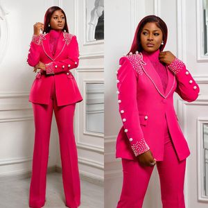 Tuxedos de mariage Rose rouge pour femmes, grandes perles, costumes pantalons pour mère de la mariée, sur mesure pour dames, tenue de bal, 2 pièces