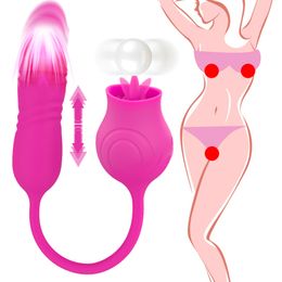 Rose Vorm Tweekoppige Vagina Zuigen Telescopische Vibrators Tepel Sucker Orale Likken Clitoris Stimulatie sexy Speelgoed Voor Vrouwen