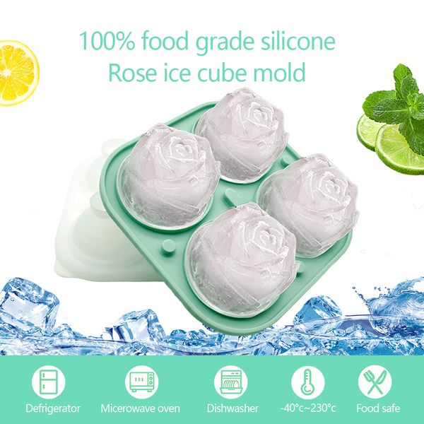 Moldes de bandeja de hielo de silicona rosa con forma de flor, molde de cubitos de hielo de silicona reutilizable antifugas de calidad alimentaria, 4 rejillas para Bar