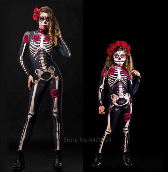 Esqueleto de rosa Adulto Niños Disfraz aterrador Vestido de Halloween Cosplay Mono sexy Fiesta de carnaval Mujer Niña Mamelucos Día de los muertos Y095446348
