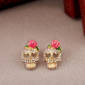 Rose Crâne Stud Boucles D'oreilles Femmes Fleur Cristal Squelette Boucles D'oreilles Halloween Bijoux pour Cadeau Fête