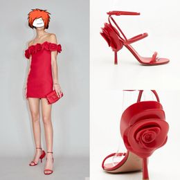 Rose Stiletto sandalenFeestkleding schoenen Echt lederen enkelbandje Open tenen hoge hakken Luxe designer sandalen voor dames trouwschoenen Met doos