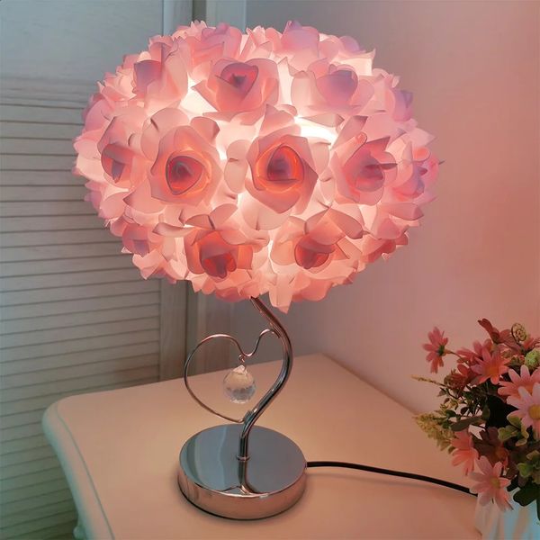 Lampe de table rose style pastoral coeur cristal lampes de chevet pour chambre de chambre décor de chambre cadeaux décoratifs de nuit 240314