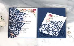 Rose driebladige lasergesneden trouwkaarten Pearl Shimmy Pocket bruiloft uitnodigen bordeaux bruiloft uitnodigingskaarten met riem8842460