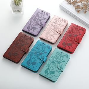 Rose Wallet Funda de cuero para teléfono celular Fundas para iPhone 14 13 12 11 PRO MAX XR XS Samsung S21 plus S20 Dos ranuras para tarjetas Funda de cuero con flor rosa Cubierta