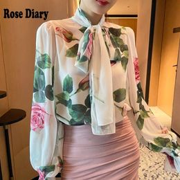 Designer de la Rosédiate Rose Flower Casual Murffon Blouses Elegant Bowknot Collar Voir à travers Blusas Femme Chemises esthétiques 210317