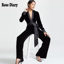 Rosediary Runway Celebrity Sexy Deep V Neck Velvet Jumpsuits Spring Black Casual Wide Leg broek Jumpsuit Velours overalls Sashes T200509