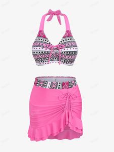 Rosegal plus size etnische figuur print cinched zwempak licht roze halter tankini top en ruches rok twee stukken badmode 240513