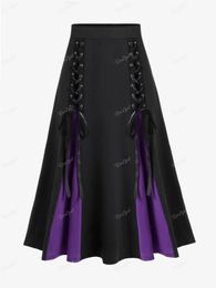 ROSEGAL Plus Size Gothic Lace Up Rokken Zwart Rood Paars Colorblock Elastisch Getailleerde A-lijn Rok Gezellige Basic Bodems Voor Dames 4X 240126