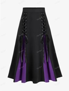 ROSEGAL grande taille gothique à lacets jupes noir rouge violet Colorblock taille élastique une ligne jupe confortable bas de base pour les femmes 4X 240126