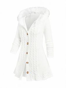 Rosegal Plus Size Capuchon Fuzzy Trim Kabel Gebreid Vest Wit Herfst Winter Lg Trui Jas Voor Vrouwen f3QD #