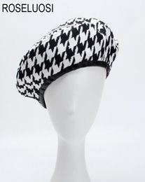 Roseluosi Autumn Winter Fashion Houndstooth Berets Hats For Women Black White Bonia Caps Female Gorras S181017086083517