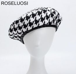 Roseluosi Autumn Winter Fashion Houndstooth Berets Hats For Women Black White Bonia Caps Female Gorras S181017084619186