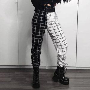 Rosetic Checkerboard Plaid Casual Pantalons Femmes Noir Blanc Imprimer Patchwork Gothique Hip Hop Streetwear Fille Pantalons De Survêtement Jogger 201228