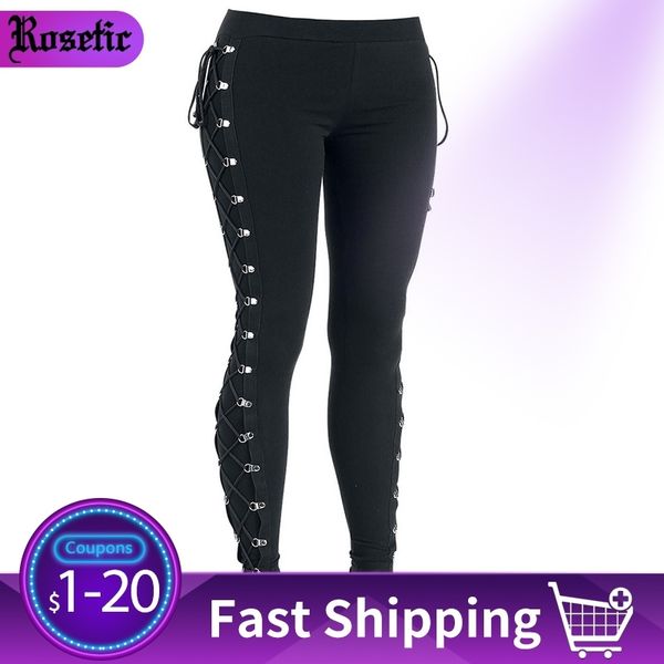 Rosetic Otoño Casual Gótico Oficina Señora Estilo Punk Mujeres Leggings Liso Algodón Fino Recto Mujer Negro Leggings Verano 201027