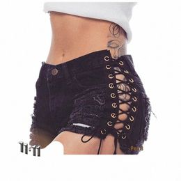 Rosetic Gothic Denim Shorts Bandage Trou Noir Sexy Hot Fi Été Slim Ripped Jeans Pantalons Courts Laçage Goth Casual Shorts g4vh #