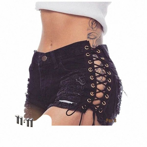 Rosetic Gothic Denim Shorts Bandage Trou Noir Sexy Hot Fi Été Slim Ripped Jeans Pantalons Courts Laçage Goth Casual Shorts P6gJ #