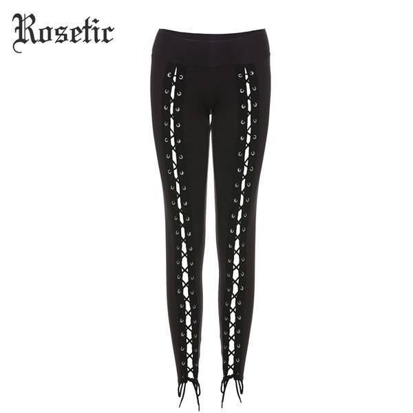 Rosetic Gothic Leggings Pantalones Vendaje Mujeres Primavera Negro Delgado con cordones Streetwear Flaco Moda Sexy Casual Harajuku Goth Pantalones 201014