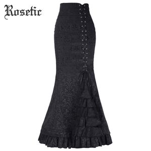 Rosetic Gothique Vintage Longue Sirène Jupe Asymétrique Imprimé Floral Dentelle Patchwork À Lacets De Luxe Taille Haute Goth Noir Jupes