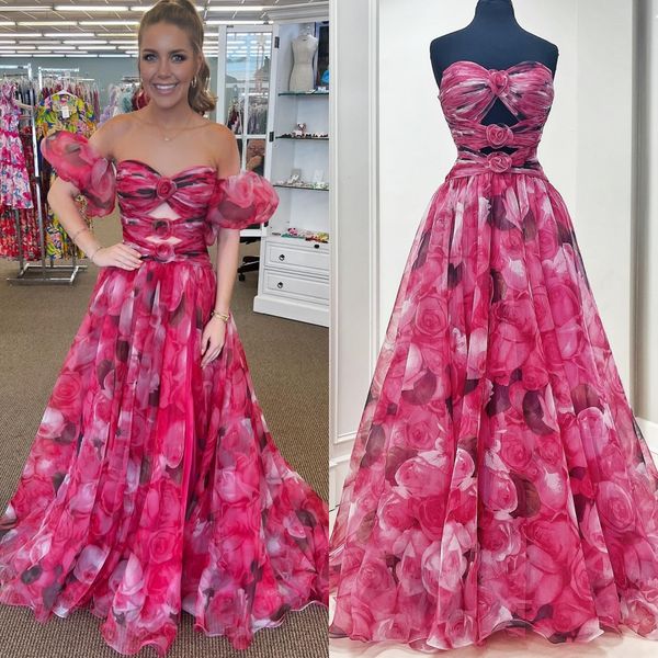 Rosette Imprimé Mousseline De Soie Robe De Bal 2k24 Centre Keyhole Rose Rose Floral Longue Hiver Printemps Soirée Formelle Cocktail Gala Jolie Pageant Piste Robe Jupe Fente