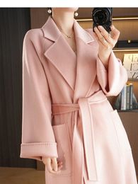 RosEvans haute qualité ondulation d'eau rose Double face laine veste ceinture revers femmes manteau à manches longues longue mode manteau ample 240112