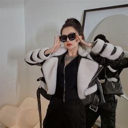 RosEvans NOUVEAU Ins Luxe Cachemire Patchwork Veste en cuir véritable Hiver Femmes Style court Mode Manteau en peau de mouton 201212