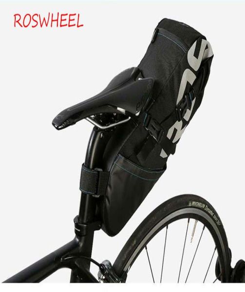 ROSWHEEL 131414 Bolsa para tija de sillín de bicicleta, sillín de bicicleta, almacenamiento para asiento, alforja para ciclismo de montaña y carretera, paquete trasero hermético extensible 8L 10L 8799122