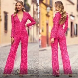 Rosy roze kristal jumpsuits avondjurk v nek pailletten parels feest prom pantsspuit vloer lengte formele long jumpsuit voor speciale ocn