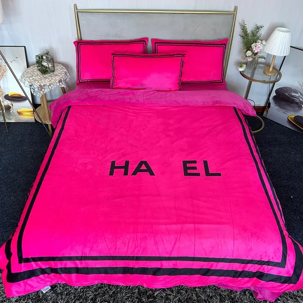 Ensemble de literie design de luxe queen size rose rose 4 pièces hiver housse de couette en velours épais drap de lit avec 2 taies d'oreiller femmes mode queen size couettes ensembles couvertures