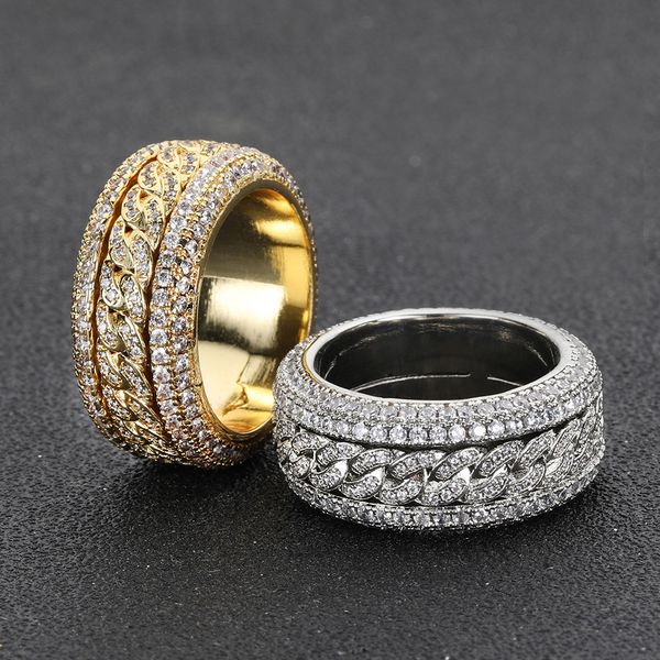 Bague Hip Hop rotative avec pierres latérales bijoux blingbling Ensemble de cuivre Zircon Marque de mode polyvalente Nouvelle épée européenne et américaine pour hommes