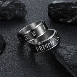 Roteerbare verminderde drukringband vinger Romeinse cijfers vikingbrief roestvrijstalen ringen voor mannen vrouwen mode sieraden wil en zandig