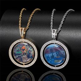 Collier rond rotatif personnalisé pour hommes, pendentif médaillons, chaîne en laiton, or, Zircon cubique, image Hip Hop, bijoux 270K