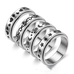 Drehbarer Spinner-Ring aus Edelstahl für Damen und Herren, Fidget-Band-Ringe, Mond, Stern, keltisch, stressabbauend, breite Hochzeit