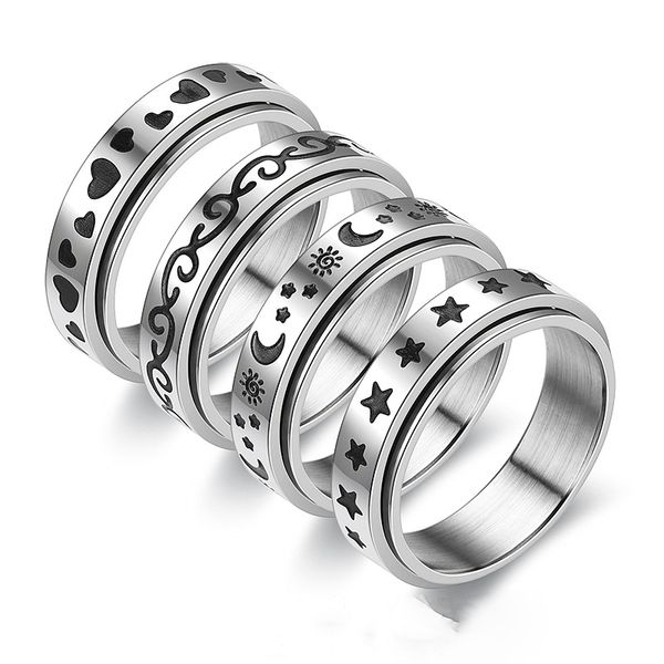 Anillo giratorio de acero inoxidable para mujeres y hombres, anillos de banda Fidget, luna, estrella, estrés celta, alivio de la ansiedad de la boda