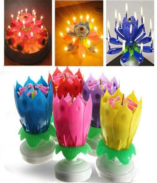 Rotation colorée pétales musique bougie enfants fête d'anniversaire Lotus mousseux fleur bougies gicler fleur flamme gâteau accessoire G5732084