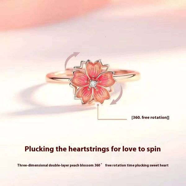 Pêche tournante fleur de pêche zircone fleur de pêche anneau rotatif femelle Instagram rose sakura zirconi anneau ouvert réglable