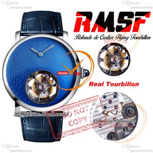 Rotonde Flying Tourbillon Mechanical Hand Winding Mens Watch Rmsf Steel Case Blue Textured Strap en cuir noir Super Edition Reloj Hombre Puretime Ptcar