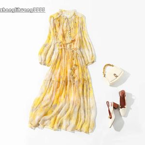 Ronde 2024 Spring nek zijde bloemenprint lint stropdas boog jurk gele 4/5 mouw knopen midden-kalf midi casual jurken c2S124057 es
