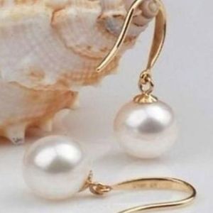 Boucles d'oreilles rondes en perles blanches Akoya 9-10 mm, fermoir en or 14 carats303p