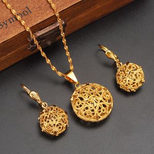 Boule ronde évider pendentif chaîne boucles d'oreilles ensembles bijoux 18k réel jaune Fine Surface G/F or perle colliers femmes