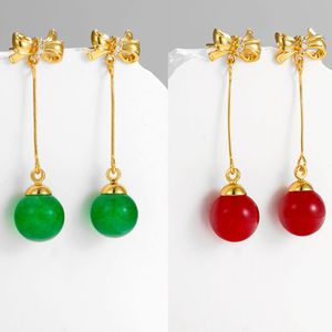 Ronde bal rood / groen kunstmatige edelsteen boog dangle oorbellen vrouwen 18k geel goud gevuld lange stijl mooie geschenk