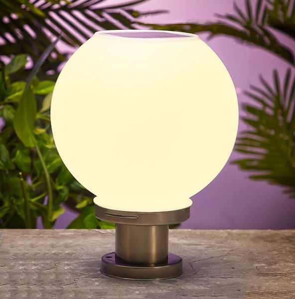 Boule Ronde En Acier Inoxydable Solaire Jardin Lumières Post Lampe Extérieure IP65 Étanche 3800MAH Lumière Pour Jardin Villa Arrière Cour Patio Hôtel 18leds