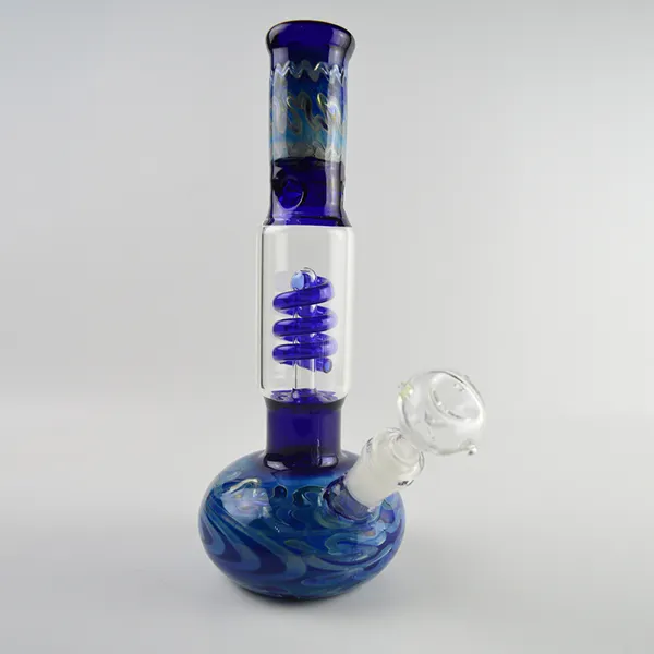 Bongs à eau en verre à base ronde Pipe Motif de dessin coloré Narguilé 10,5 pouces Bécher bleu Bong Helix Perc 5 mm d'épaisseur Dab Rigs Fumer Bong